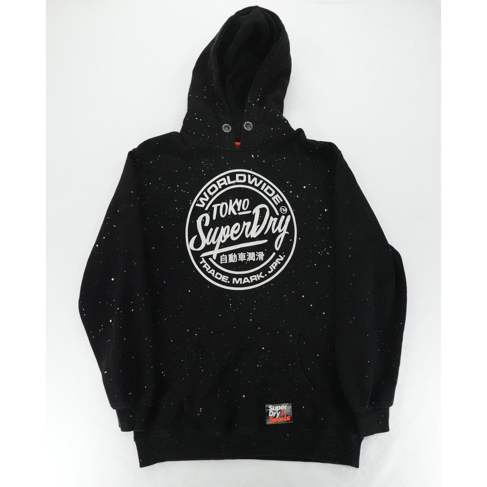 Superdry Hoodie Mens L Black Tokyo Worldwide Graphic Speckled Paint Splatter
